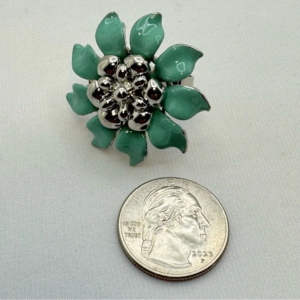Turquoise Enamel Flower Ring Silver Tone Adjustable Statement